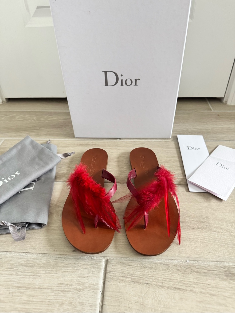 Dior Red Feather Thong Sandals with Brown Footbed